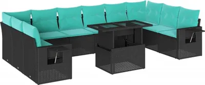 Produktbild von vidaXL 11-teiliges Gartensofa-Set mit Kissen, schwarzes Polyrattan