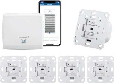 Produktbild von Homematic IP Rolladensteuerung für 5 Rolladen. Smart Home Set mit App zur Automatisierung der Rolläden. Ideal zur Nachrüstung. Alexa kompatibel. Inhalt: Access Point, 5 Funk Rolladenaktoren, Adapter.
