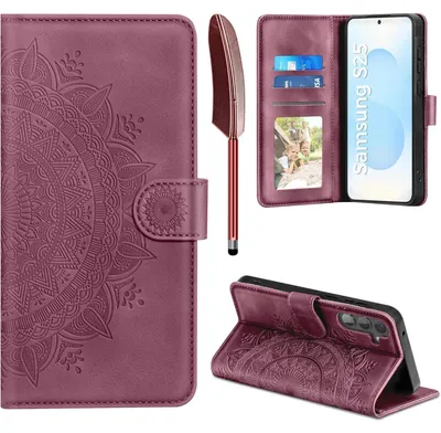 Produktbild von Flip Wallet Hülle für Samsung Galaxy S25 5G, Kunstleder, Kartenfach, Magnet, Standfunktion, Weinrot