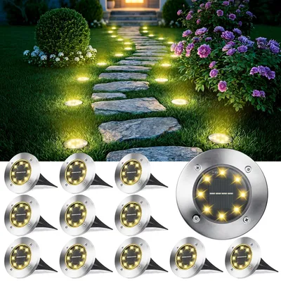 Produktbild von Joomer 12 Stück Solar Bodenleuchten Aussen, Solarleuchten für Garten Außen mit 8 LEDs, 3000K Warmweiß Wasserdicht Led Solar Gartenleuchten, Solarlampen für Außen Rasen Auffahrt Gehweg Patio