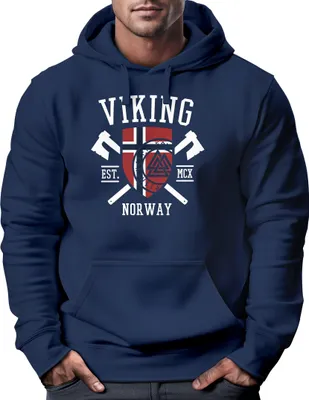 Produktbild von Hoodie Herren Viking Norway Norwegen Flagge Wikinger nordisch Kapuzen-Pullover Männer Fashion Streetstyle Neverless® navy L
