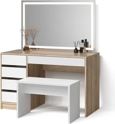 Produktbild von Schminktisch Livinity Imola Weiß/Sonoma mit LED Spiegel und Hocker, Model 52377