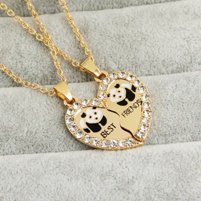 Produktbild von 2 Stück glänzende eingelegte Strass-Freundschaftsketten, Geschenk, BESTE FREUNDE, Panda-Herz-Anhänger-Halsketten, Schmuckzubehör