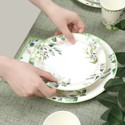 Produktbild von 96-teilig Salbeigrünes Pappteller Servietten Becher Set - Babyshower Geburtstagsfeiern Hochzeits Safari Festdekorationen
