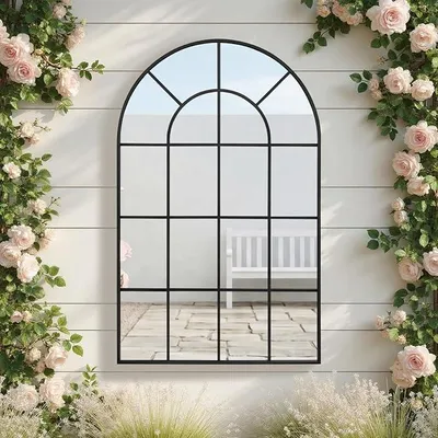 Produktbild von Gartenspiegel, 120 x 75 cm, dekorativer Wandspiegel, Fensterspiegel mit Aluminiumrahmen für Flur, Wohnzimmer, Schlafzimmer, Eingangsbereich, Schwarz