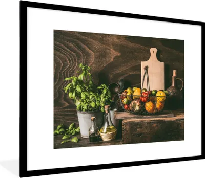 Produktbild von MuchoWow® Gerahmtes Poster Gemüse - Kräuter - Rustikal - Stilleben - Basilikum 80x60 cm - Poster mit Schwarzem Bilderrahmen Wandposter Rahmen Foto Bilder - Schlafzimmer-Dekorationen - Fotoposter