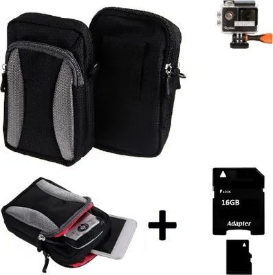 Produktbild von Kompatibel mit Rollei Actioncam 425 Gürtel Tasche Holster Umhänge Tasche Fototasche Schutz Hülle schwarz-grau + Extrafach K-S-Trade