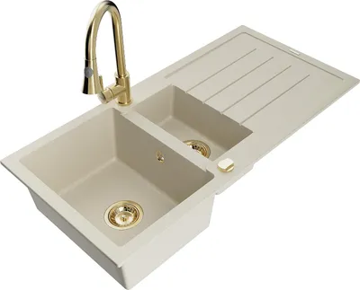 Image de Mexen Andres Évier en granit 1,5 bol avec égouttoir et mitigeur Elia, Beige - 6515-69-670101-50