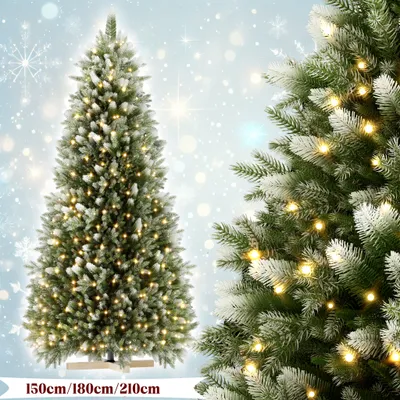 Produktbild von XMTECH 150 cm Premium PE/PVC Weihnachtsbaum mit 200 warmweiß LEDs, Künstlicher Weihnachtsbaum mit Holzständer, Realistisches Aussehen Tannenbaum Künstlich