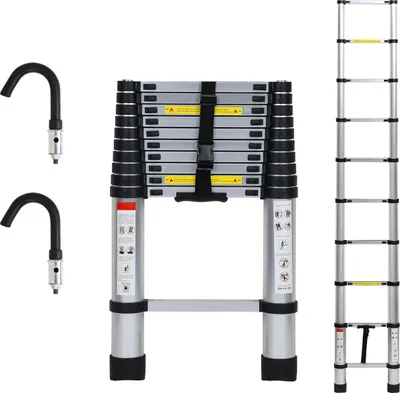Produktbild von Jayseuw Teleskopleiter Alu Leichtgewicht Rutschfester 3,2m Silber + Haken Multifunktionsleiter Mehrzweckleiter Ausziehbare Leiter 15 Stufe Stehleiter aus Hochwertigem Aluminium Belastbarkeit 150KG