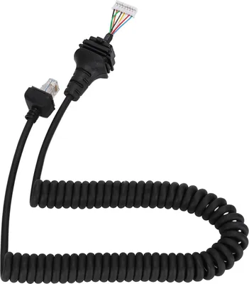 A coiled black cable with two connectors, one with multiple colored wires and another with an RJ45 connector.