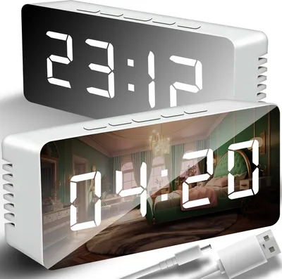 Produktbild von Budzik Cyfrowe lustro Cyfrowy budzik LED Regulowana jasność Budzik podróżny Podwójny alarm Wyświetlacz temperatury Zegar stołowy Akumulator USB Retoo