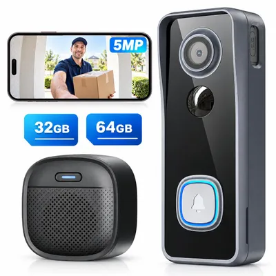 Productafbeelding van Deurbel met camera, 5MP, 2K, draadloos, met videofunctie, Wi-Fi, met deurbel, 32GB/64GB opslag, intelligente AI-bewegingsdetectie
