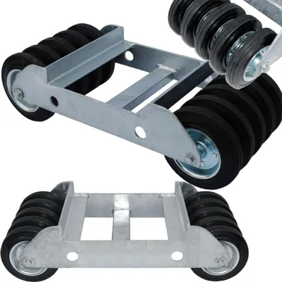 Two views of a heavy-duty transport trolley with multiple wheels.