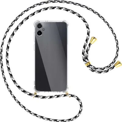Produktbild von Handykette Backcover-Schutzhülle mit Band (Metall goldfarben) für Samsung Galaxy A05 (SM-A055) - schwarz/grau/weiß
