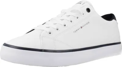 A white Tommy Hilfiger low-top sneaker with a navy blue trim around the sole.