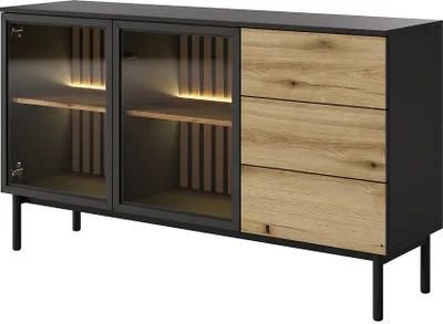 Obrázok produktu pre Presklená komoda 150 cm DEMOPOLIS - dub evoke / čierna + LED osvetlenie ZDARMA