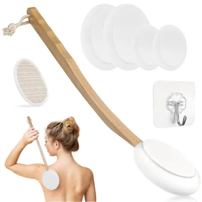 Immagine prodotto di Set di 7 spazzole per la schiena: spazzola per il corpo con manico lungo, spazzola da bagno, spazzola esfoliante, spazzola per la doccia, con gancio, adatta per doccia e vasca da bagno