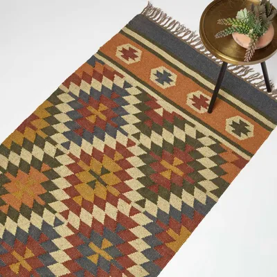 Zdjęcie produktu dla HOMESCAPES Ręcznie tkany dywan jutowy Lucea - 80 x 180 cm, wzór kilim, pomarańczowo-niebieski