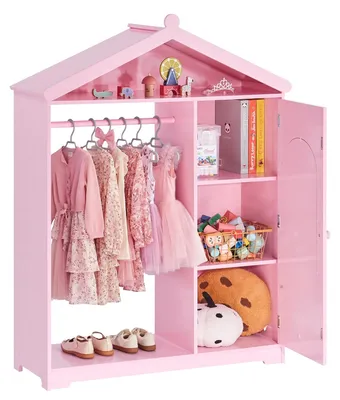 Obrázok produktu pre VEVOR detský šatník 85x31x113,5 cm, detská skriňa so zrkadlom, vešiakom a poličkami, prebaľovacia skrinka z MDF s dvierkami, vhodná pre dievčatá, detská skriňa na kostýmy, bábiky, do spálne, ružová