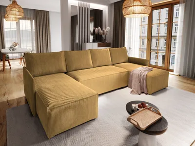 Zdjęcie produktu dla Masseno Narożnik TRES z funkcją spania i pojemnikiem na pościel Kształt U, Rozkładana sofa, Rogówka - Żółty, POSO 01