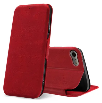 A red flip case for a smartphone is shown against a white background.