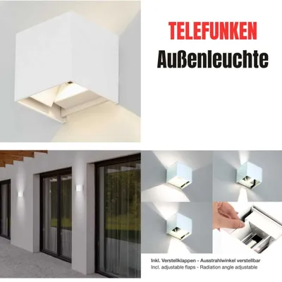 A collage of images showing a white LED outdoor wall light, its installation, and its light effect.