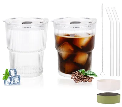 Gläser mit Deckel & Strohhalm, 400 ml, 2er-Set, Borosilikatglas