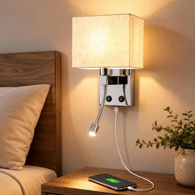 Image de Applique murale LED ZMH, avec port de charge USB, 2W, lampe de lecture moderne, abat-jour en tissu, douille E27, interrupteur, lampe de chevet pour chambre à coucher, hôtel