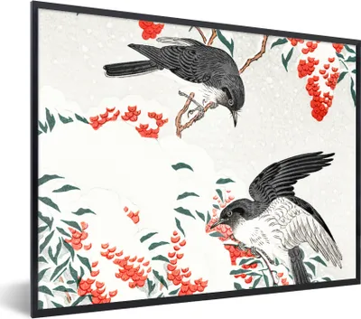 Produktbild von MuchoWow® Gerahmtes Poster Beere - Vögel - Japan - Schwalbe 40x30 cm - Poster mit Schwarzem Bilderrahmen Wandposter Rahmen Foto Bilder - Kunstposter - Wanddekorationen
