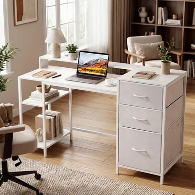 Produktbild von Computertisch Schreibtisch mit 3 Schubladen und Steckdose, Bürotisch, 144x50x87 cm, Weiß