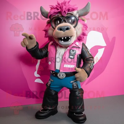 Productafbeelding van Pink Bison mascotte REDBROKOLY kostuum karakter gekleed met een Moto Jacket en bril