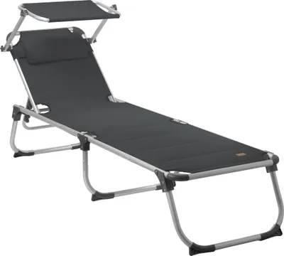 A dark gray camping lounger with a sunshade, shown against a white background.