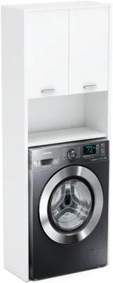 A white cabinet with two doors sits above a washing machine.