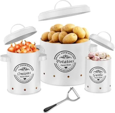 Produktbild von Unyqoos® Aufbewahrungsboxen-Set (3er) für Kartoffeln, Zwiebeln & Knoblauch – lichtgeschützt, 360° Luftzirkulation, mit Griffen, inkl. hochwertigem Schäler