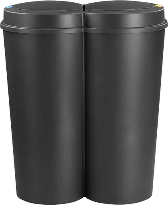 Productafbeelding van DEUBA® Vuilnisbak 50 liter, dubbele afvalbak met drukknopautomaat, weinig geur, geschikt voor keuken en badkamer, voor biologisch afval, gele zakken, kunststof, afvalscheiding met deksel, afmetingen 50x53 cm, kleur: zwart