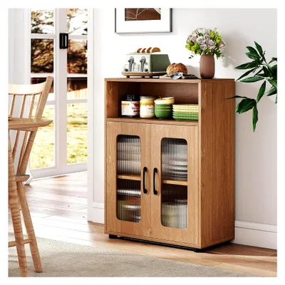 Produktbild von Badezimmerschrank Beistellschrank mit offenem Fach, 2 Türen und verstellbarem Einlegeboden, Bodenschrank für Küche und Wohnzimmer, 60 x 30 x 83 cm (Natur)