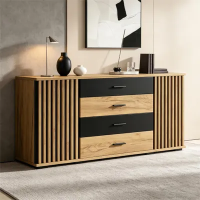 Produktbild von Merax Sideboard aus MDF mit 4 Schubladen und 2 Türen, Rillenoptik Stauraumschrank, Kommode mit verstellbaren Einlegeböden, Wohnzimmer, Eiche Schwarz