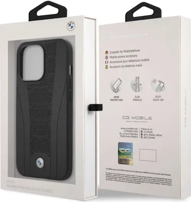 Obrázok produktu pre Puzdro BMW pre iPhone 13 Pro, perforované – s reliéfom, koža, čierne