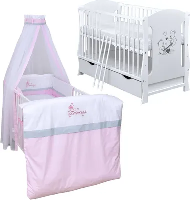 Produktbild von Baby-Delux Babybett Kinderbett Lia 120x60 Teddy Wippe Weiß inkl. Schublade Bettset Komplett Princess Schaumstoffmatratze