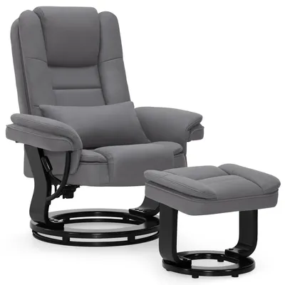 A gray recliner chair with an ottoman and a small pillow, presented on a white background.