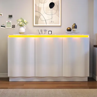 Zdjęcie produktu dla Komoda Merax z oświetleniem RGB LED, sterowaną aplikacją, szafka do salonu z 3 drzwiami i regulowanymi półkami, biała