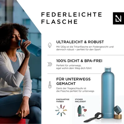 Produktbild von LARS NYSØM Trinkflasche 1l | Ultraleichte Tritan Sport Flasche, Kohlensäure geeignet | Ideal für Sport, Büro, Yoga | 2 Deckel inkludiert 1000ml Niagara