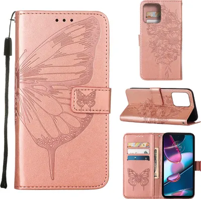 Produktbild von Lederhülle für Motorola Edge+ (2023) Schmetterling Prägung Flip Ledertasche Kartenfächer Handyhülle mit Ständer Pink
