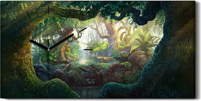 Produktbild von Dekor Leinwand Uhr Wandbilder Quarz 60x30 Malerei Fantasie Wald Bäume Natur - schwarze Hände
