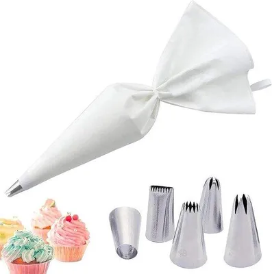 Produktbild von Professionelle Sprühsack Starker Baumwollinnenbesatz 5 Edelstahl-Sprühschalen für Kuchen- und Biskuitdekorationszwecke Wiederverwendbar und Geschirrspülerfest