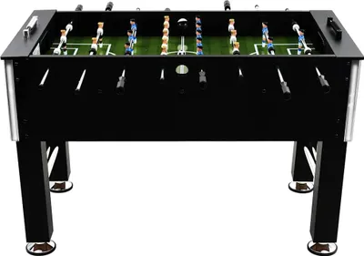 A black foosball table with green playing field and players on a white background.