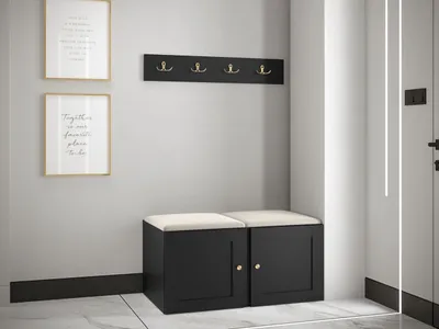 Produktbild von MIRJAN24 Garderoben-Set Orion Ramiro VI, Schuhschrank, Kleiderhakenbrett, 2x Sitzpaneel 42x42, Metallgriffe, 4 Kleiderhaken (Farbe: Schwarz, Manila 02)