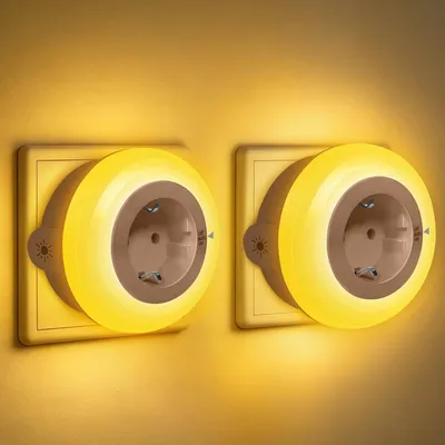 Zdjęcie produktu dla 2 sztuki lampki nocnej z wtyczką, wyposażonej w czujnik zmierzchu, emitująca światło o barwie bursztynowej