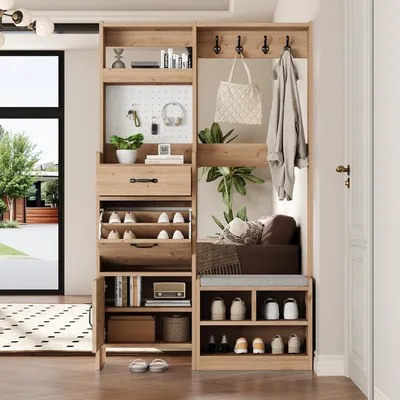 Produktbild von Flieks Flur-Garderoben-Set mit Schuhbank, 4 Kleiderhaken, 1 Schubladen und 2 Türen, Wandgarderobe, Flurgarderobe Set, Natur